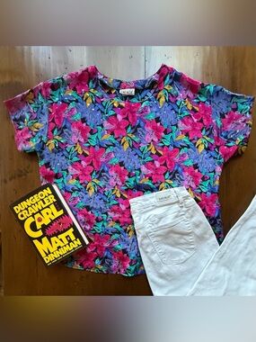 Vintage 80s Fitting Image Satin Floral Tropical Loose Fit Party Top